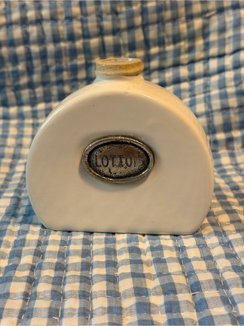 Vintage White Decorative Lotion Bottle w/ Metal "LOTION" Plaque